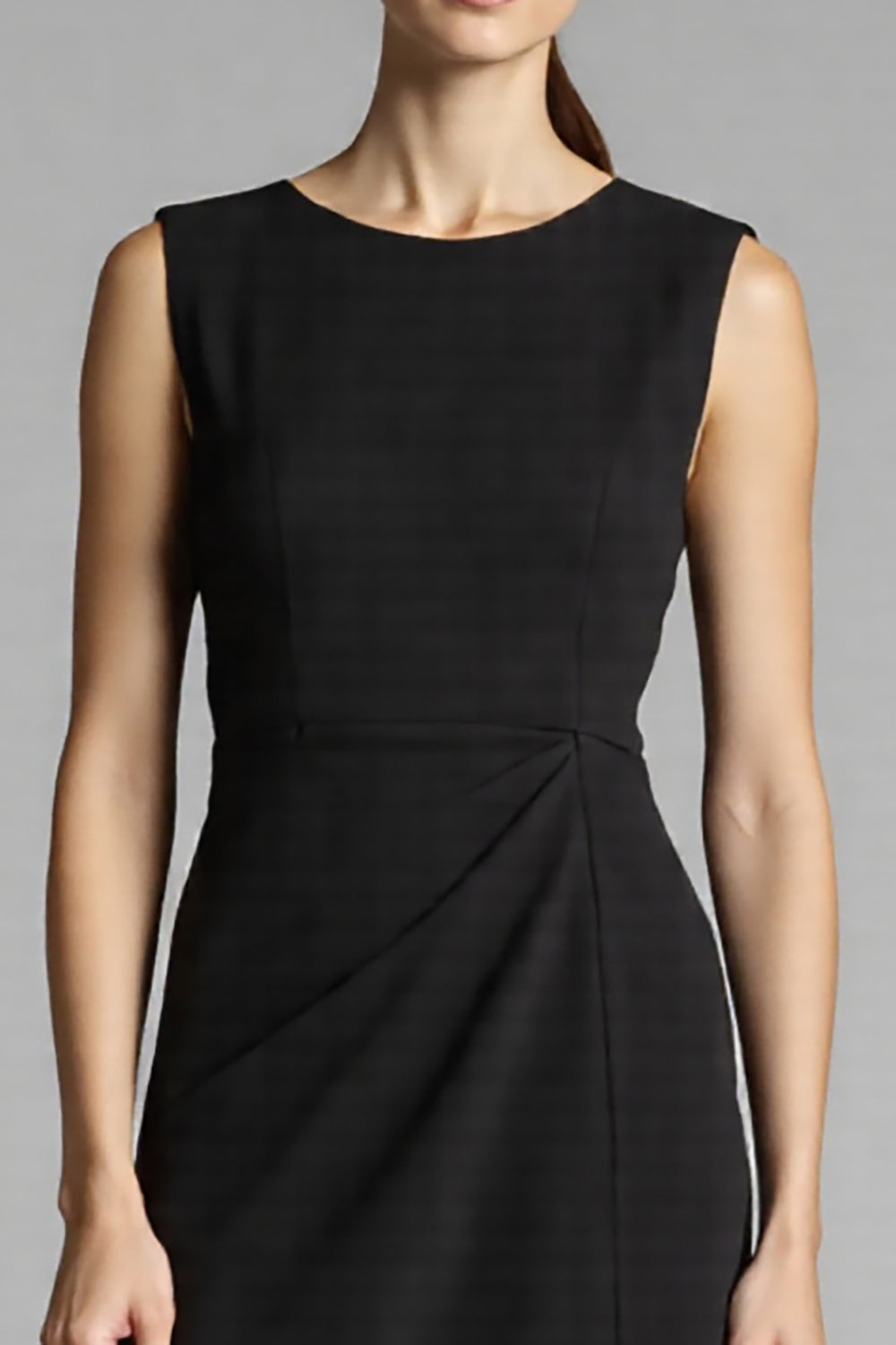 Black Satin A Line Jewel Neck Midi Work Dress with Ruffles