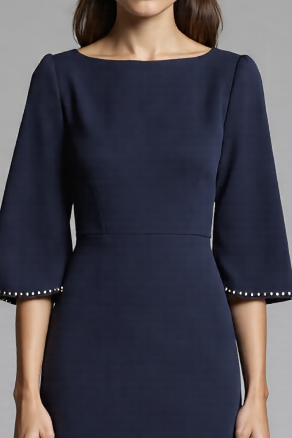 Navy Satin Bodycon Midi Work Dress with Sleeves
