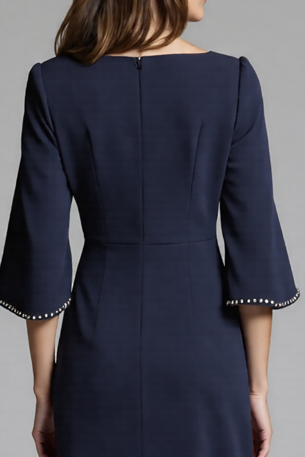 Navy Satin Bodycon Midi Work Dress with Sleeves