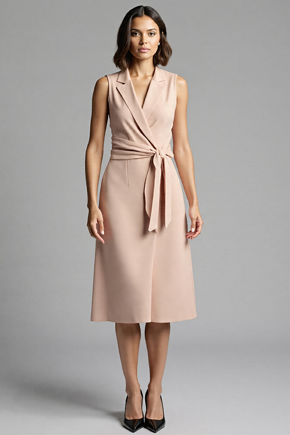 Champagne Notched Lapel Bodycon Midi Work Dress with Sash