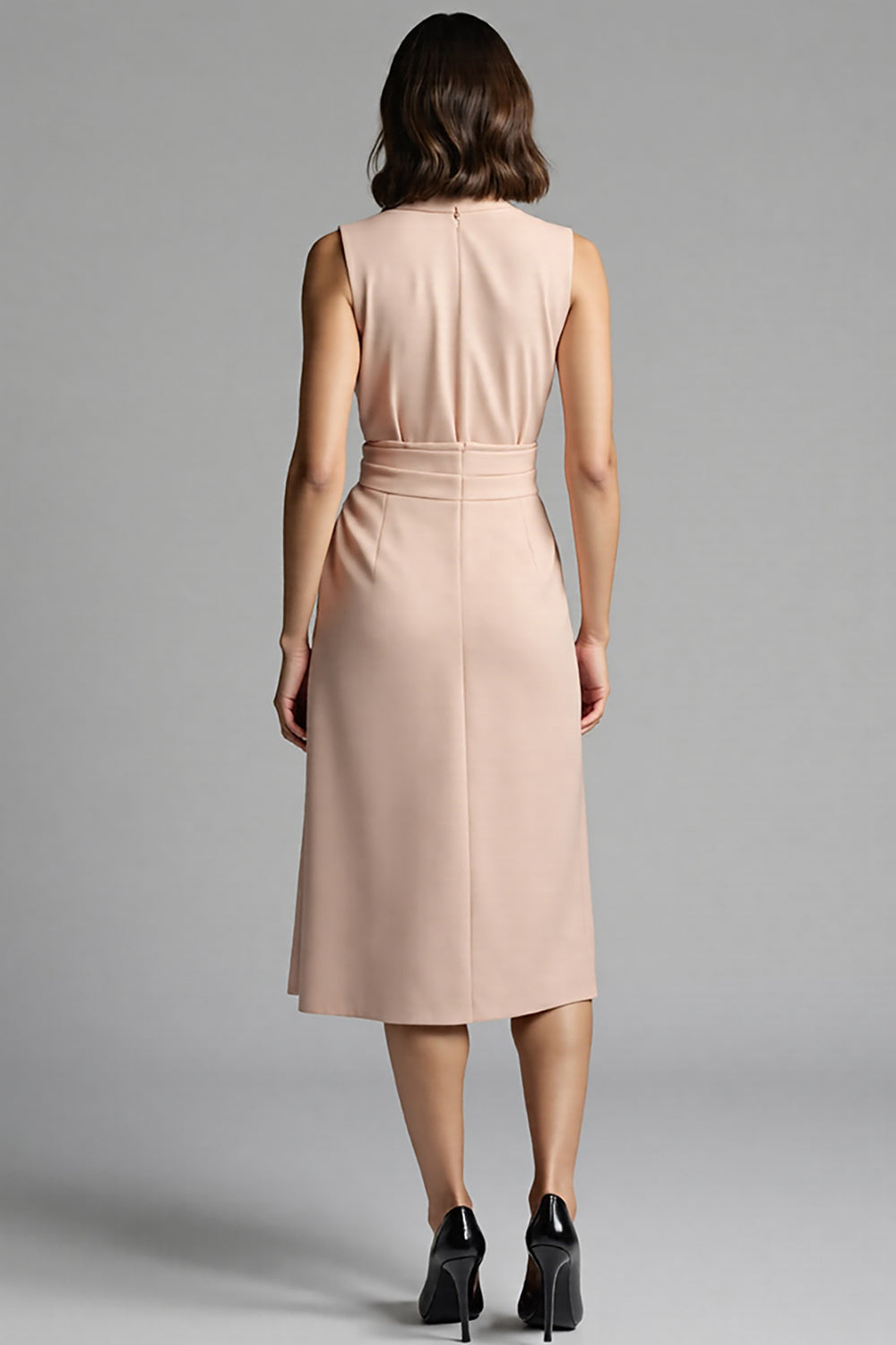 Champagne Notched Lapel Bodycon Midi Work Dress with Sash