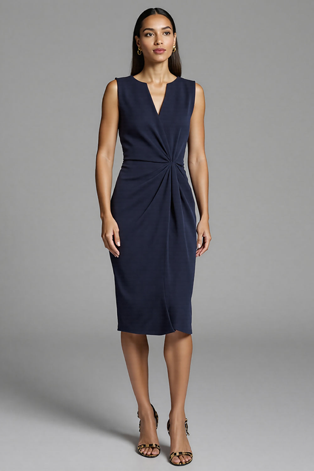 V-Neck Navy Bodycon Ruched Midi Work Dress