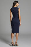 V-Neck Navy Bodycon Ruched Midi Work Dress