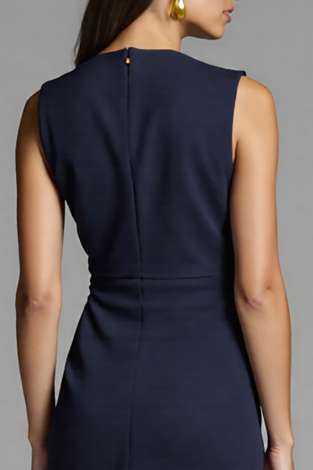V-Neck Navy Bodycon Ruched Midi Work Dress