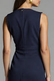 V-Neck Navy Bodycon Ruched Midi Work Dress