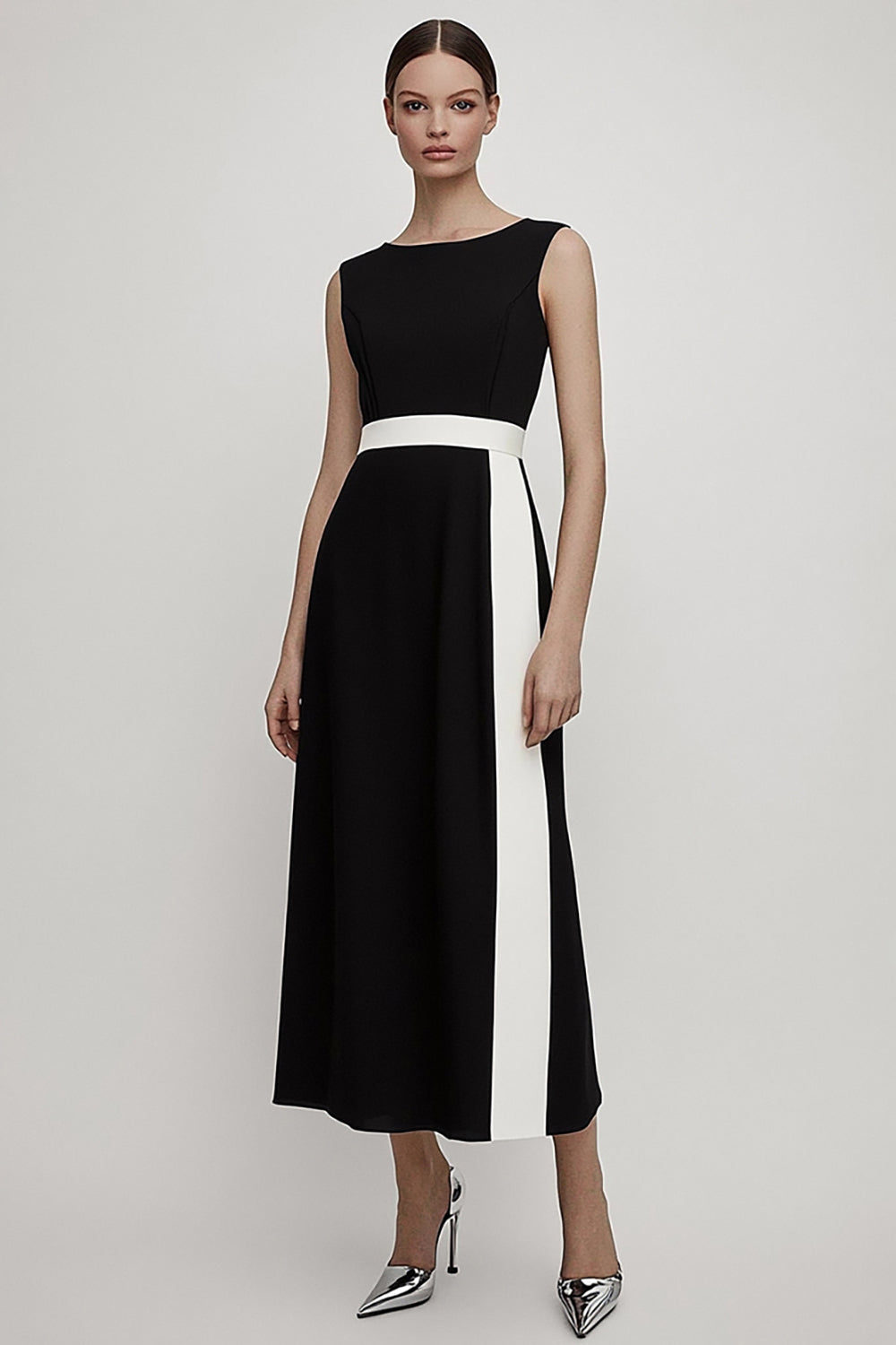Black Boat Neck Sheath Long Work Dress