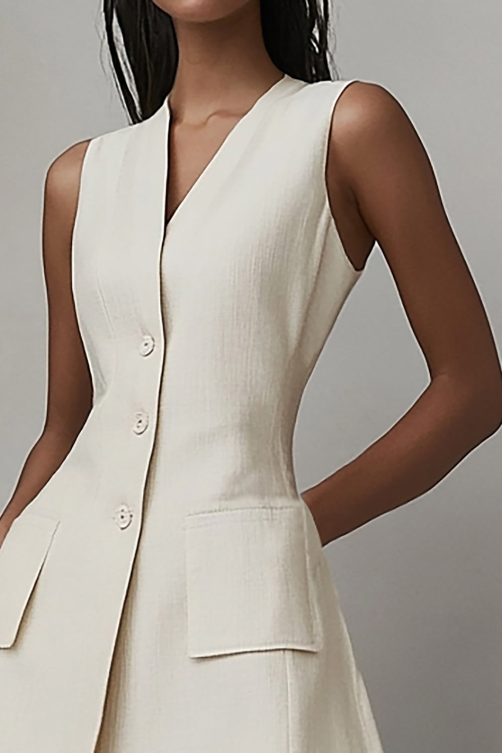 Ivory Short A Line V-Neck Work Dress with Pockets