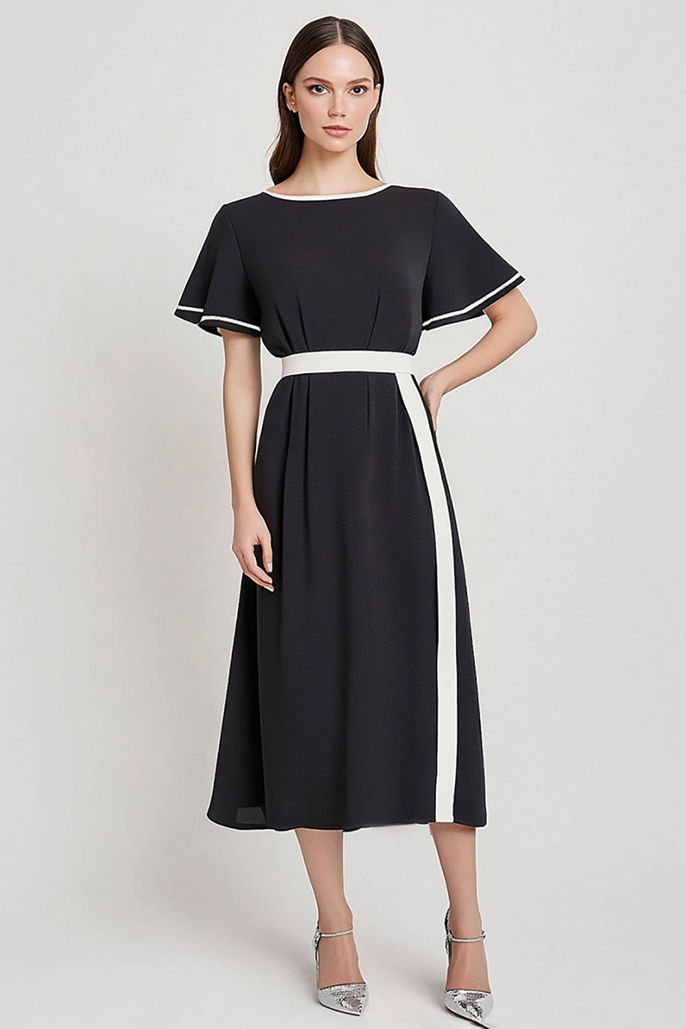 Black A Line Round Neck Long Work Dress with Sleeves