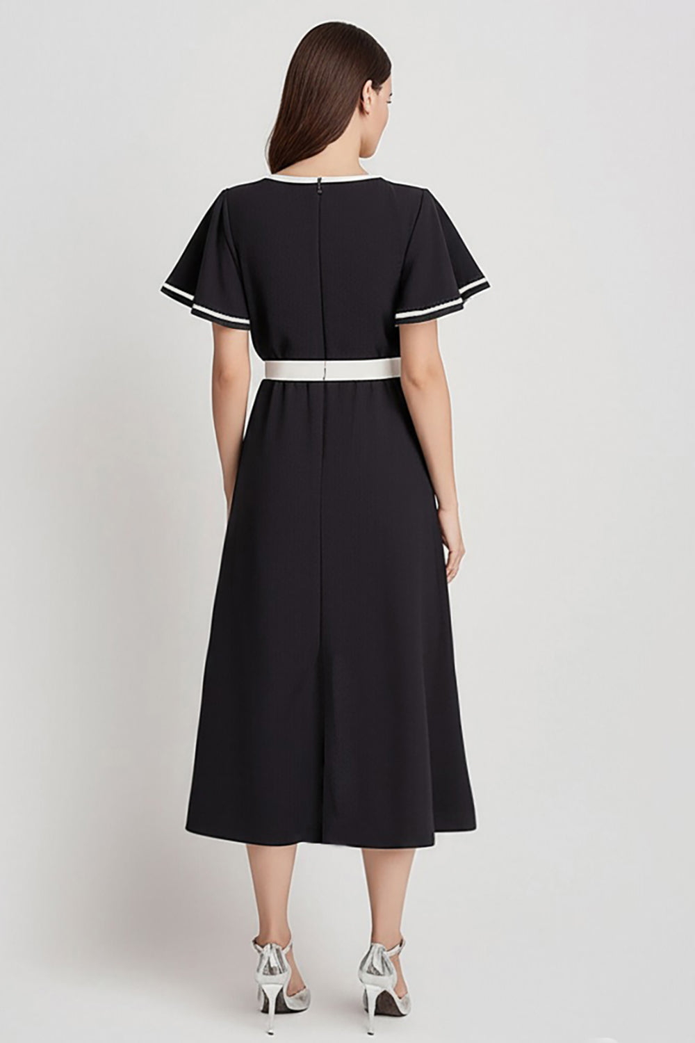 Black A Line Round Neck Long Work Dress with Sleeves