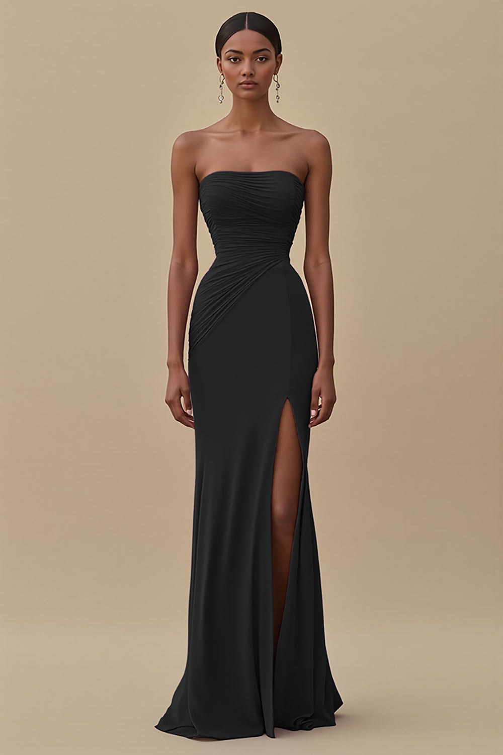 Black Strapless Pleated Long Formal Dress with Slit