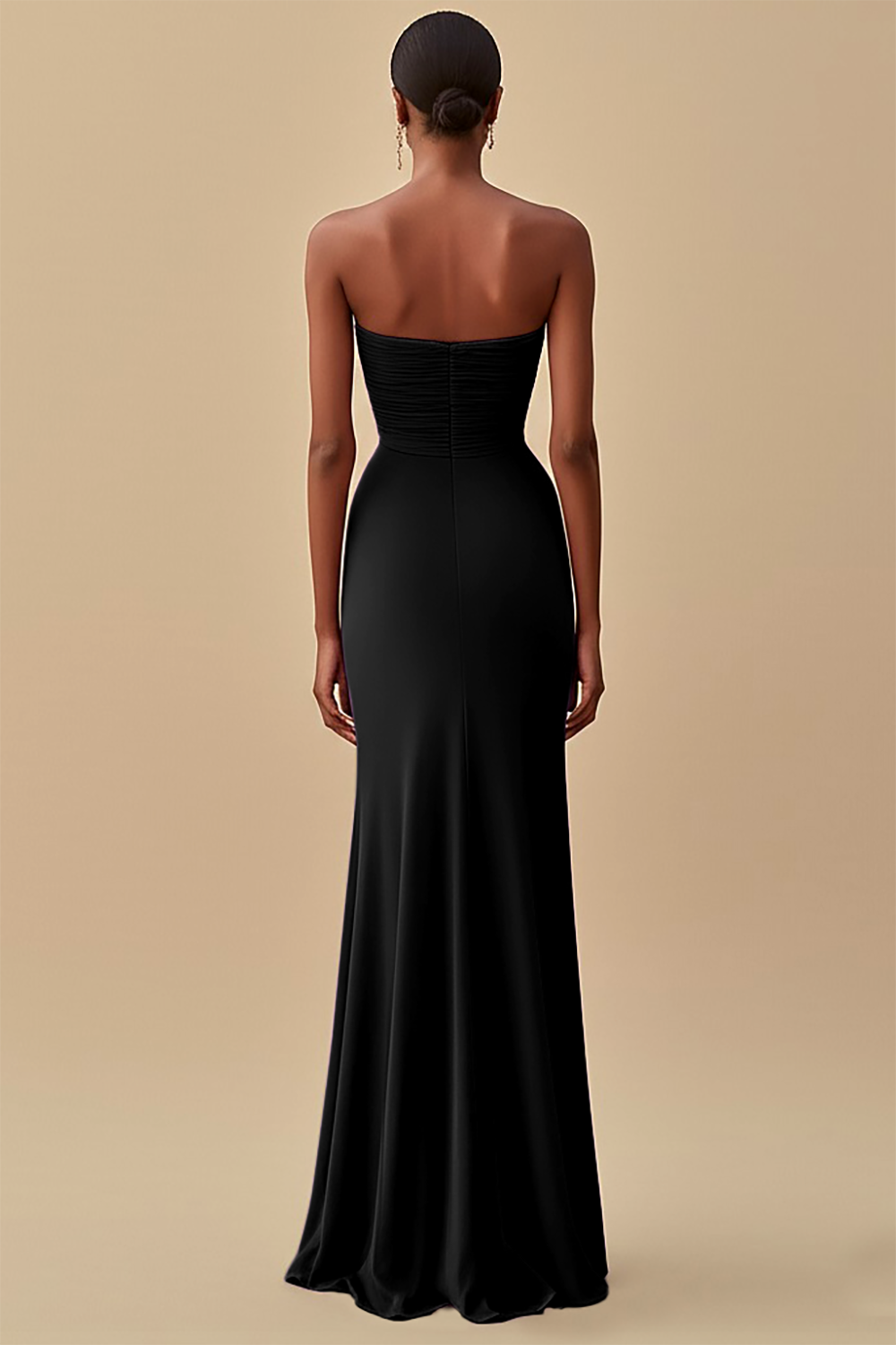 Black Strapless Pleated Long Formal Dress with Slit