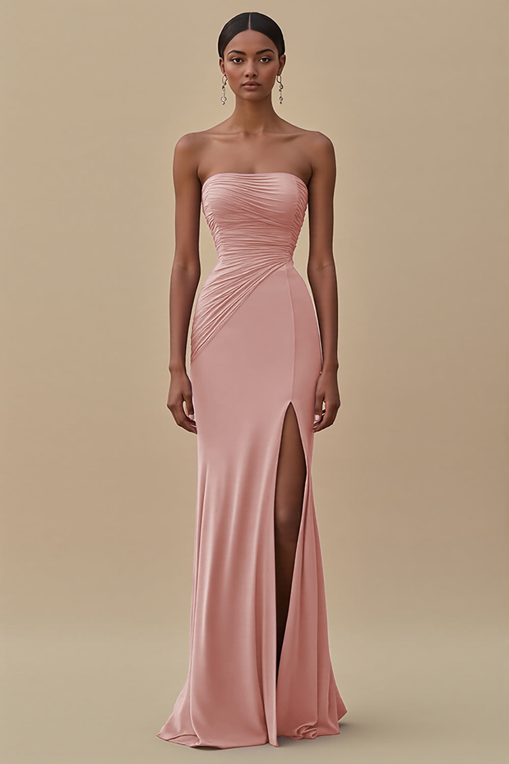 Black Strapless Pleated Long Formal Dress with Slit