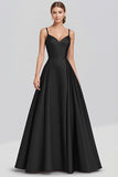 A Line Spaghetti Straps Satin Long Black Formal Dress