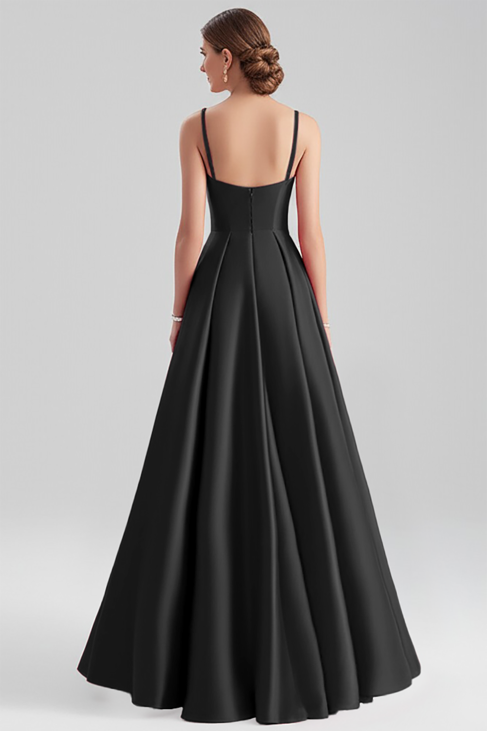 A Line Spaghetti Straps Satin Long Black Formal Dress