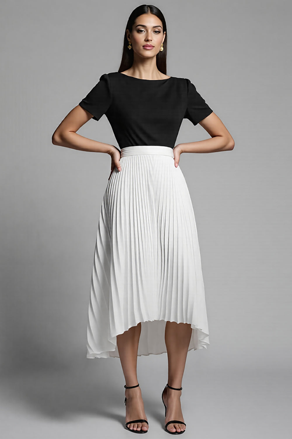 Ivory and Black A Line Pleated Long Work Dress with Sleeves
