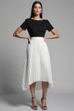 Ivory and Black A Line Pleated Long Work Dress with Sleeves