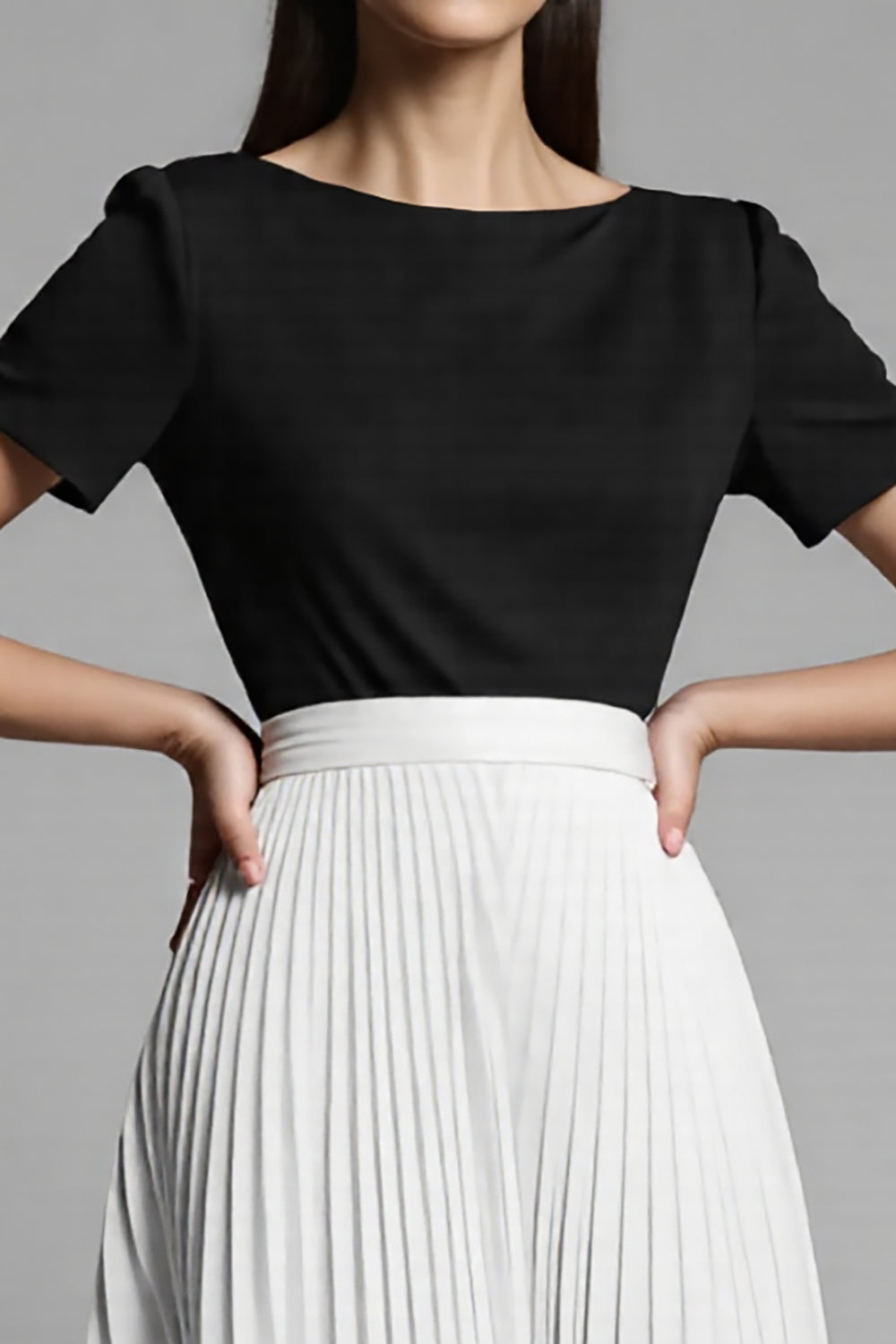 Ivory and Black A Line Pleated Long Work Dress with Sleeves