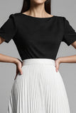 Ivory and Black A Line Pleated Long Work Dress with Sleeves