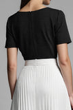Ivory and Black A Line Pleated Long Work Dress with Sleeves
