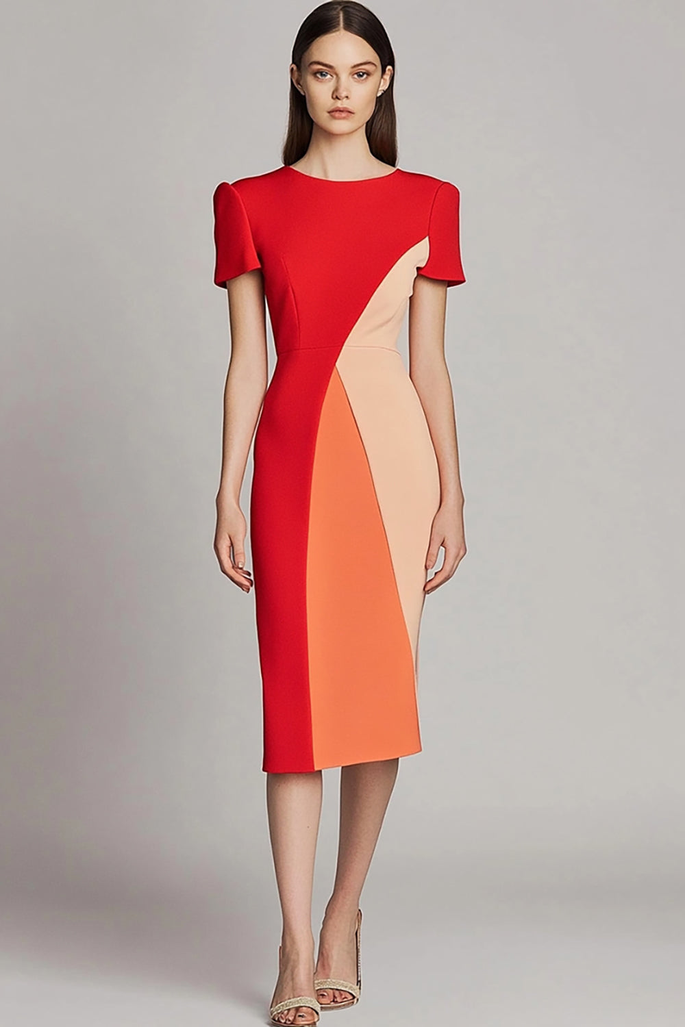 Red Patchwork Bodycon Midi Work Dress with Sleeves