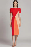 Red Patchwork Bodycon Midi Work Dress with Sleeves