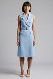 Sky Blue Bodycon Notched Lapel Midi Work Dress with Belt
