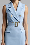 Sky Blue Bodycon Notched Lapel Midi Work Dress with Belt