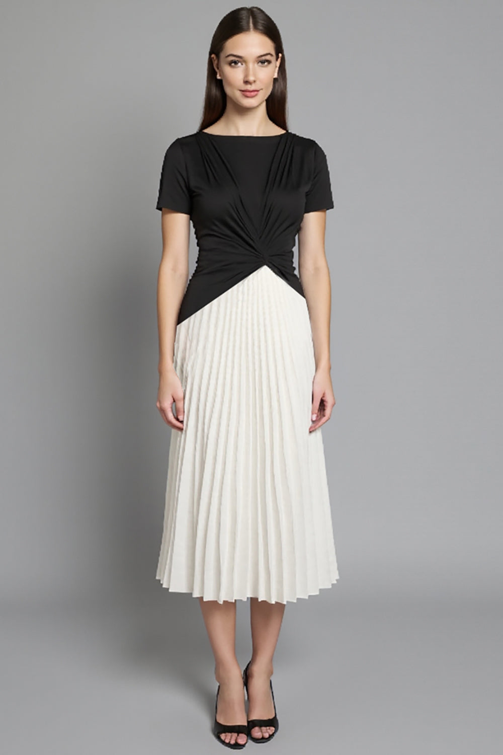 Ivory and Black Patchwork Pleated Short Sleeves Long Work Dress