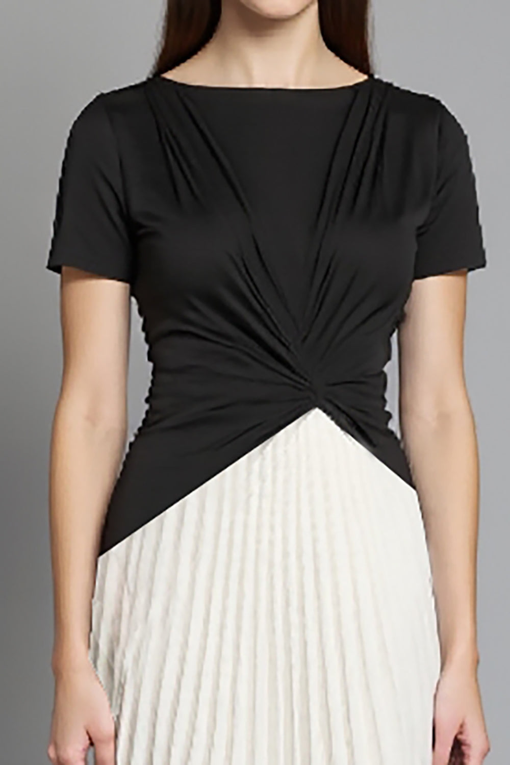 Ivory and Black Patchwork Pleated Short Sleeves Long Work Dress