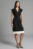 Black Ivory Patchwork V-Neck Cap Sleeves Midi Work Dress