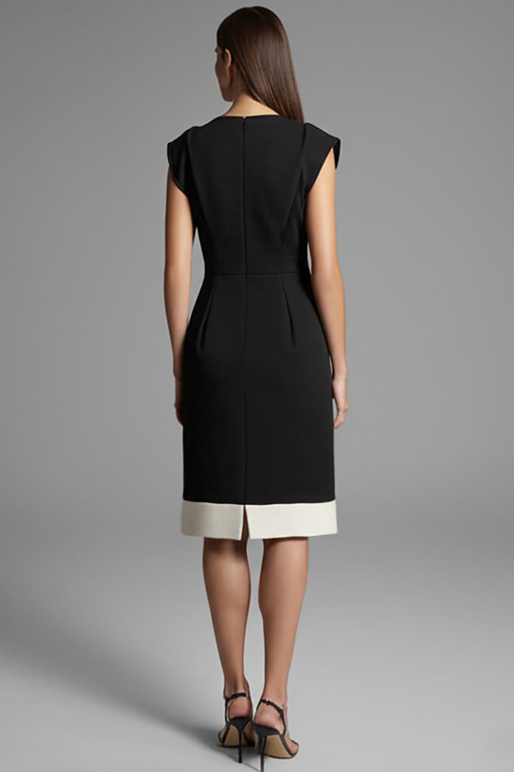 Black Ivory Patchwork V-Neck Cap Sleeves Midi Work Dress