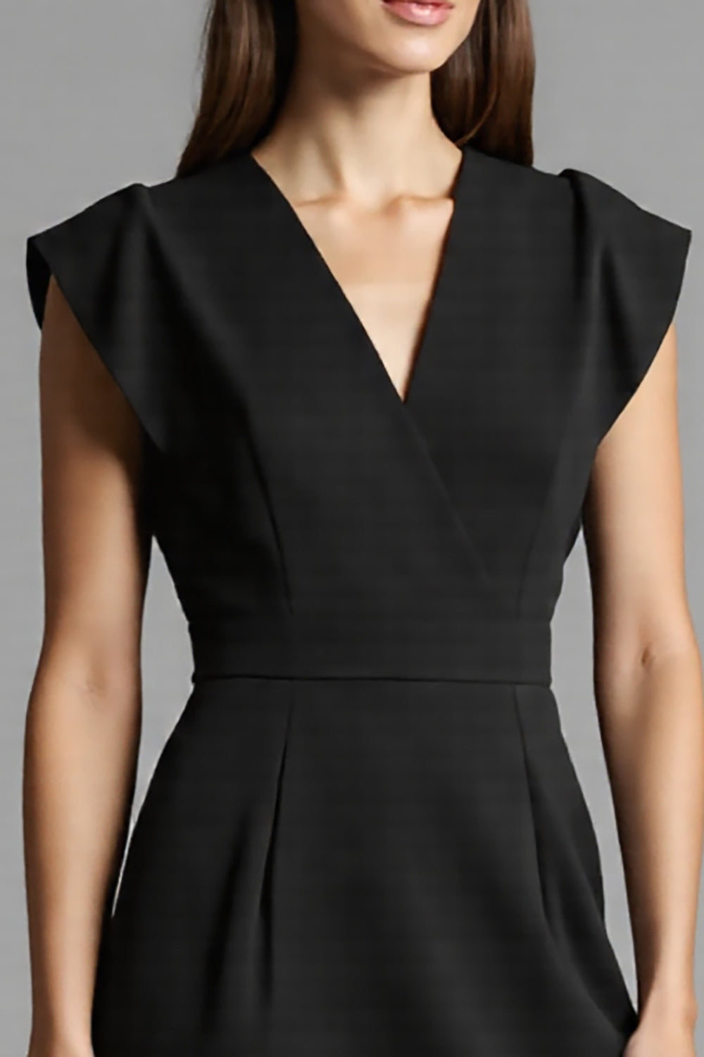 Black Ivory Patchwork V-Neck Cap Sleeves Midi Work Dress