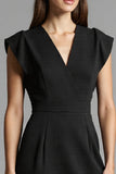 Black Ivory Patchwork V-Neck Cap Sleeves Midi Work Dress