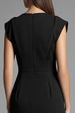 Black Ivory Patchwork V-Neck Cap Sleeves Midi Work Dress