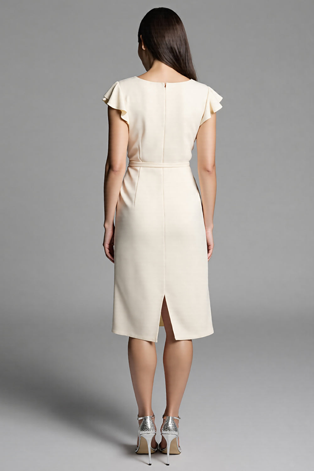 Ivory Bodycon Ruched Ruffled Midi Work Dress with Sash