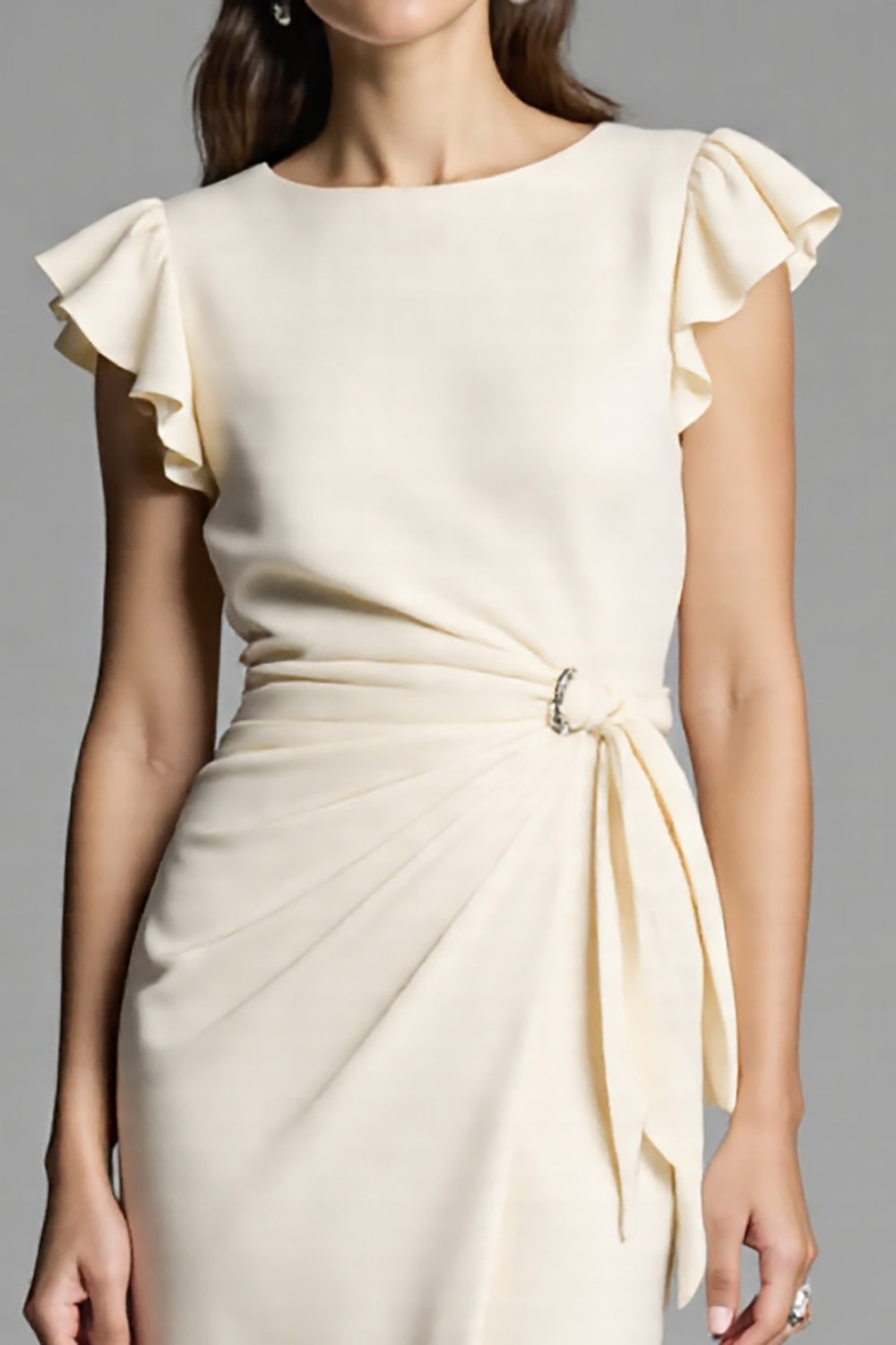 Ivory Bodycon Ruched Ruffled Midi Work Dress with Sash