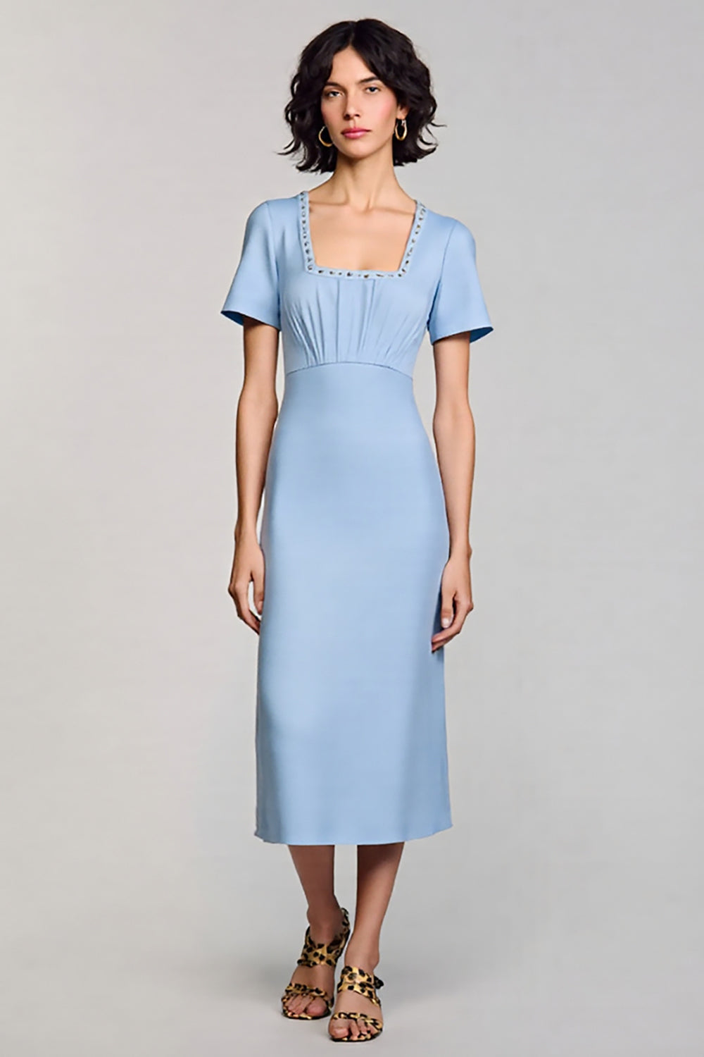 Sparkly Sky Blue Sheath Short Sleeves Square Neck Long Work Dress