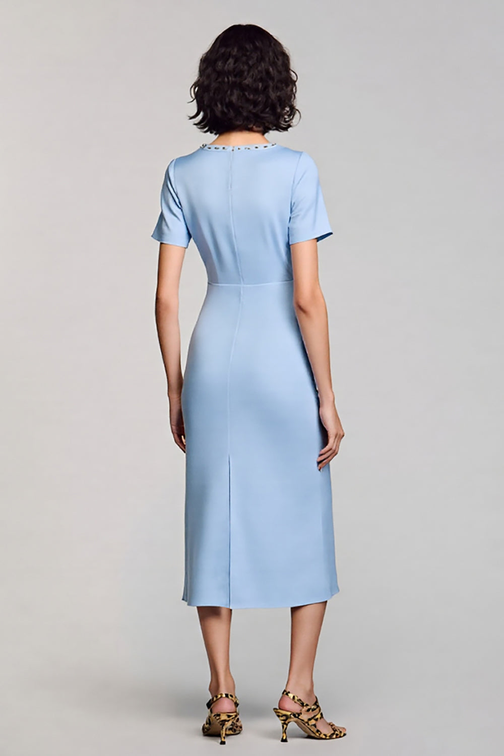 Sparkly Sky Blue Sheath Short Sleeves Square Neck Long Work Dress