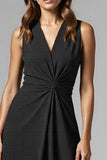 Black A Line Ruched V Neck Midi Work Dress
