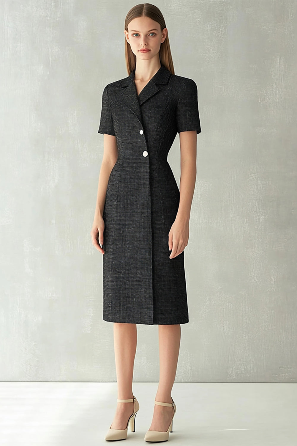Black Bodycon Notched Lapel Short Sleeves Midi Work Dress
