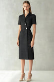 Black Bodycon Notched Lapel Short Sleeves Midi Work Dress