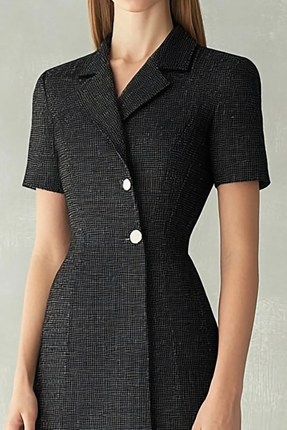 Black Bodycon Notched Lapel Short Sleeves Midi Work Dress