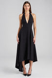 Black Satin Halter V Neck Backless Asymmetrical Formal Dress