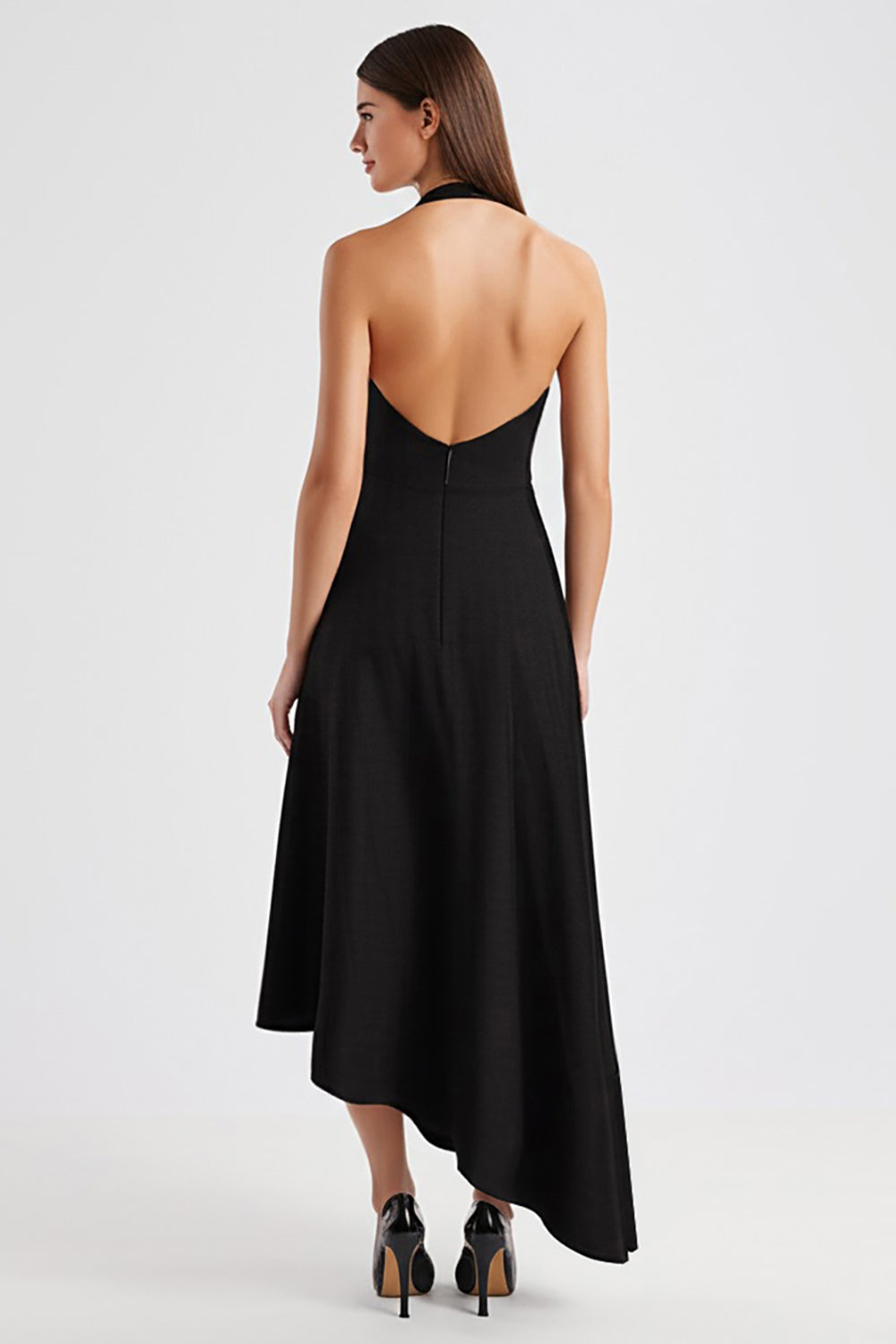 Black Satin Halter V Neck Backless Asymmetrical Formal Dress