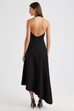 Black Satin Halter V Neck Backless Asymmetrical Formal Dress