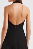 Black Satin Halter V Neck Backless Asymmetrical Formal Dress