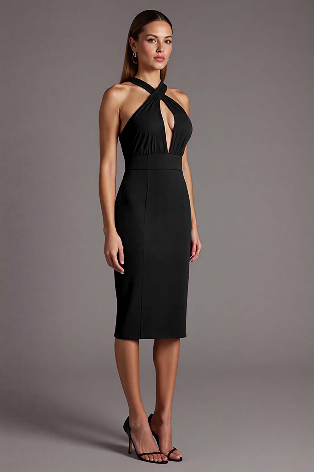 Black Satin Bodycon Halter Midi Formal Dress with Keyhole