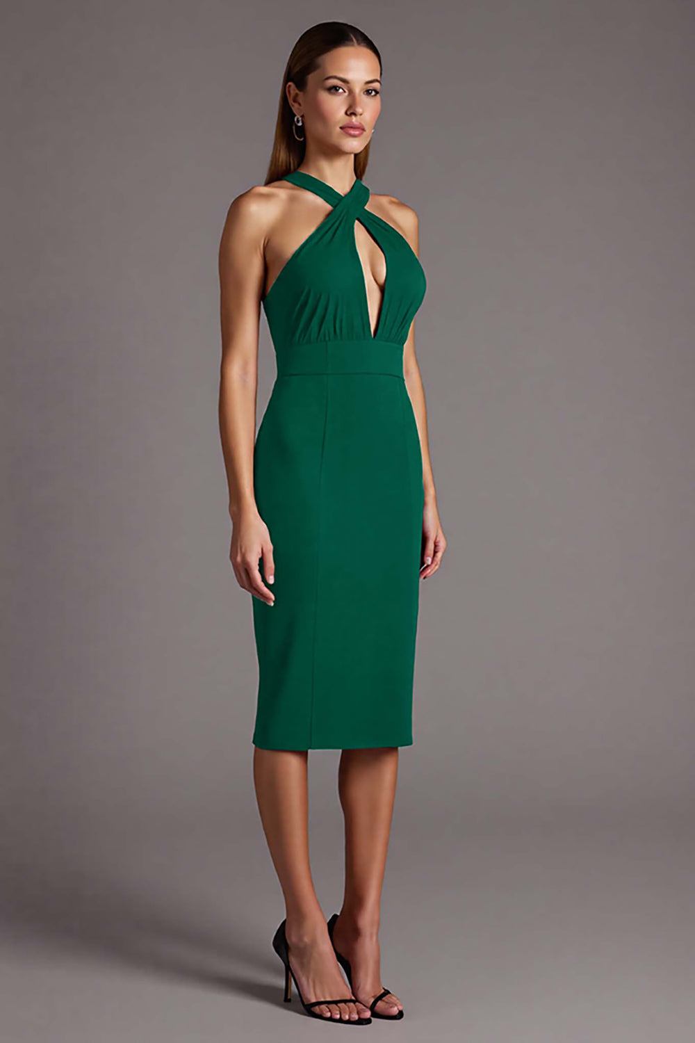 Black Satin Bodycon Halter Midi Formal Dress with Keyhole