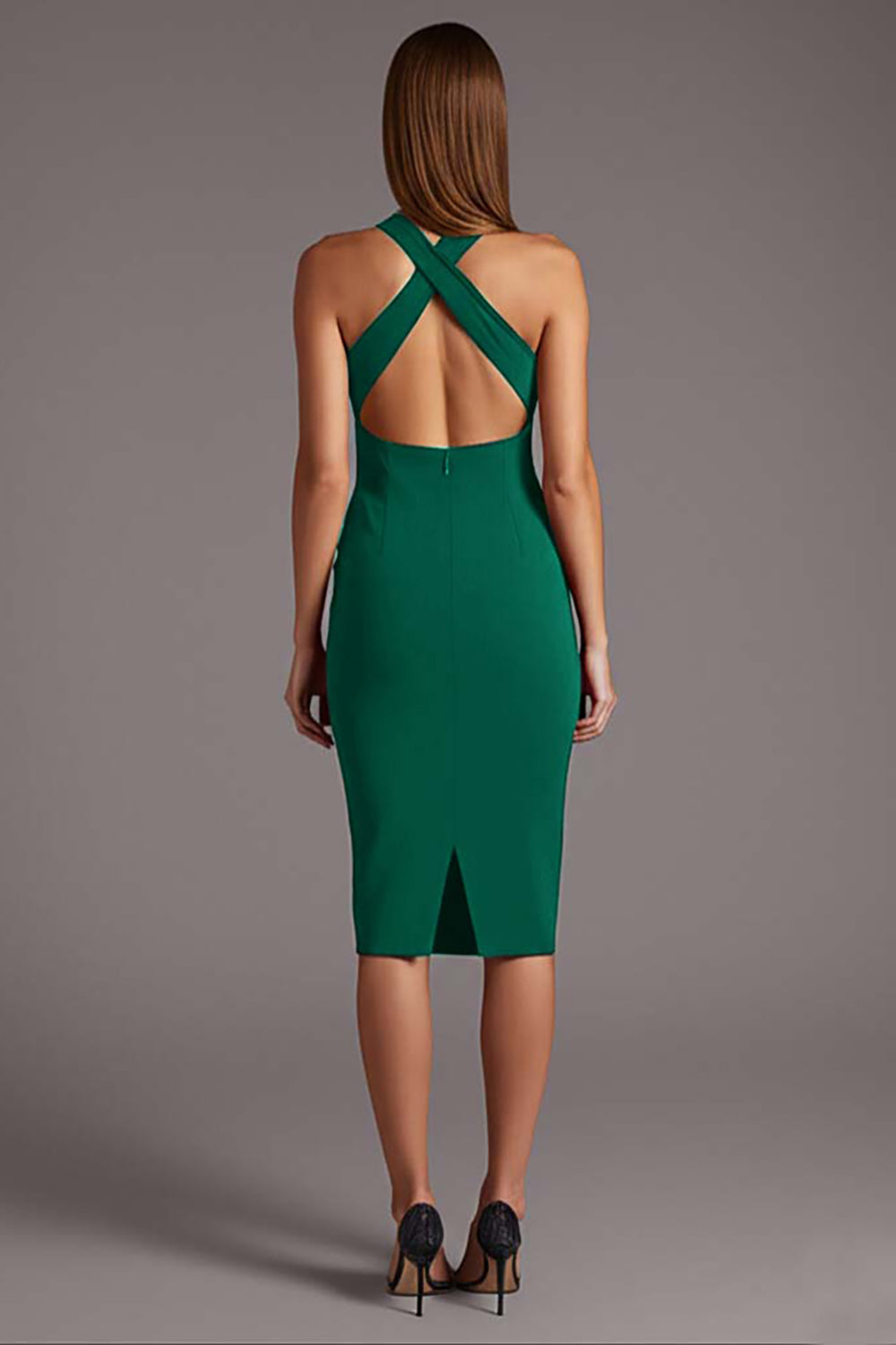 Black Satin Bodycon Halter Midi Formal Dress with Keyhole