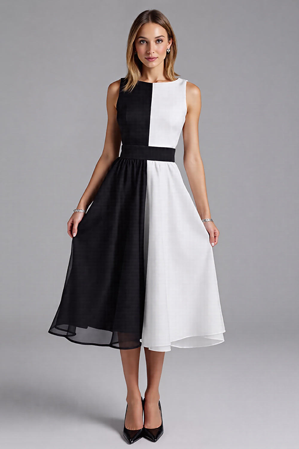 Black and White Patchwork Chiffon A Line Midi Formal Dress